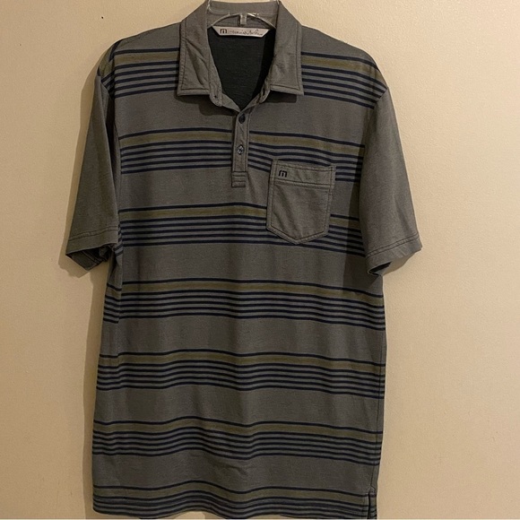 Travis Mathew Mens Size M Gray Striped Pocket Short Sleeve Golf Polo Logo - Picture 1 of 11
